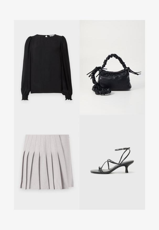 Črna bluzica z dolgimi, napihnjenimi rokavi. Ima okroglo izreznico, odprtino na hrbtu v obliki ključavnice in nabranine na manšetah za prilegajoč videz. Gladka tekstura.; Siva plisirana krila z gladko teksturo, ki ima več navpičnih gub in prilegajoč pas. Narejena iz lahkega materiala.; Črne sandale na peto z tankimi trakovi, odprto zasnovo na prstih in majhno, rahel okrogel peto. Material se zdi gladek in sijoč.; Črna torbica iz umetnega usnja s krokodilovo teksturo, z zvitim vrhom in zmečkano naramico. Zdi se mehka in kompaktna v oblikovanju.