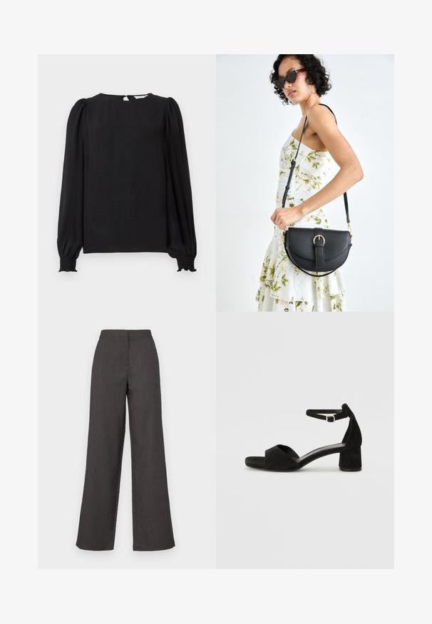 Blusa preta com mangas longas e bufantes. Apresenta um decote arredondado, abertura em forma de gota nas costas e punhos franzidos para um ajuste perfeito. Textura suave.; Calças de perna larga em tecido cinza escuro, com uma cintura alta e acabamento suave. Linhas limpas sem padrões ou adornos visíveis.; Sandálias de salto alto em camurça preta com uma fina tira no tornozelo, design de ponta aberta e um salto bloco discreto. Textura suave e acentos mínimos.; Bolsa de couro preta com forma curva, alça destacável e detalhes em dourado. A bolsa possui uma aba com detalhe de fivela.