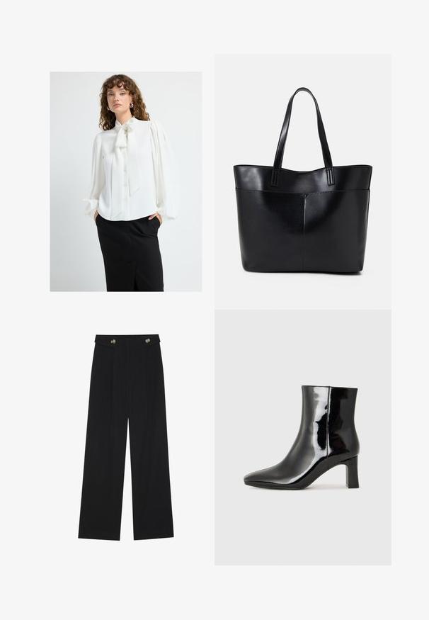 Witte blouse met een gestrikte hals, geplooide pofmouwen en knopen aan de voorkant, gecombineerd met een zwarte rok met een zijsplit. Soepele textuur.; Zwarte wijde broek met hoge taille, knoopdetails op de tailleband en plooien aan de voorkant.; Zwarte gepolijste leren enkellaars met een spitse neus en een blokhak van gemiddelde hoogte. Glad textuur en minimalistisch ontwerp.; Zwarte leren tote bag met twee lange handvatten, een zachte textuur en een gestructureerde vorm. Voorzien van een voorvak voor extra opslagruimte.