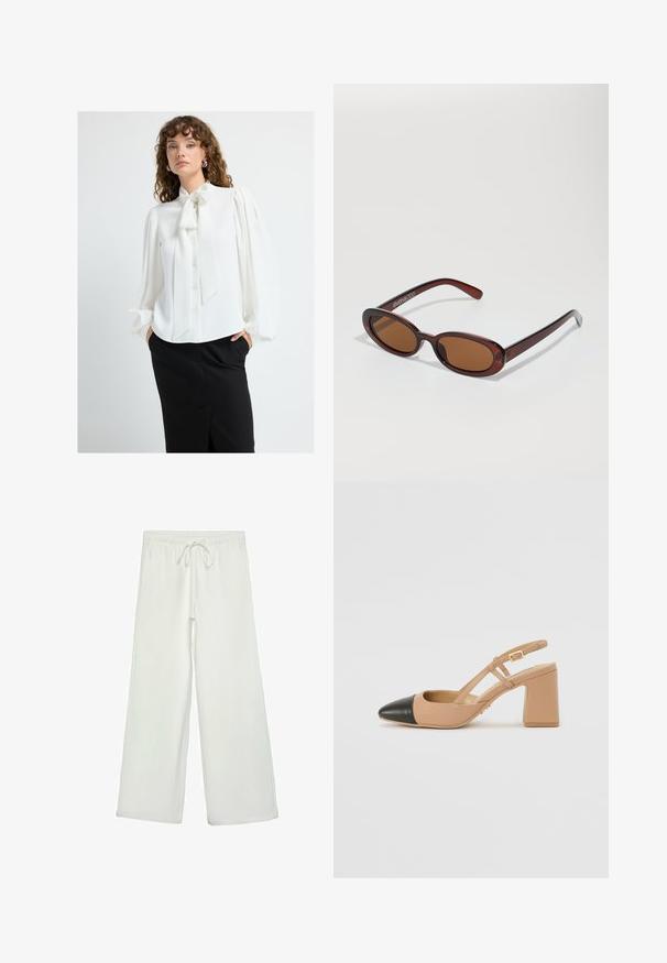 White blouse with a tied neck, pleated puff sleeves, and button front, paired with a black skirt featuring a side slit. Smooth texture.; White wide-leg pants made of soft fabric. Features an elastic waistband with a drawstring and a smooth texture. No visible patterns or hardware.; Beige slingback shoe with a black cap toe, a square high heel, and two strap accents, made from smooth material.; Round, brown-tinted sunglasses with a glossy burgundy frame. Slim arms with subtle branding detail. Flat lens design.; Gold rectangular wristwatch with a minimalist design, featuring a cream dial, gold hands, and a metal link bracelet. Markings include brand name.