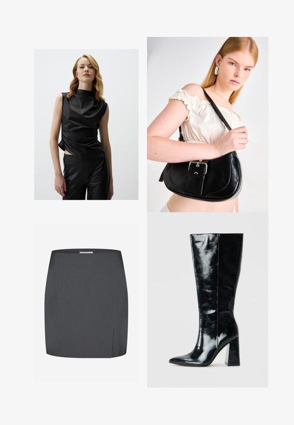 Top senza maniche nero in materiale lucido con colletto alto, caratterizzato da tessuto drappeggiato e uno spacco laterale, abbinato a pantaloni neri coordinati.; Envii SPLIT - Gonna a tubino - grey; Stivali neri al ginocchio in pelle lucida, con punta appuntita e un tacco geometrico robusto dalla superficie liscia.; Borsa a spalla in pelle nera con forma curva, hardware in argento lucido e un'etichetta removibile. Texture liscia con dettagli di cucitura sottili.