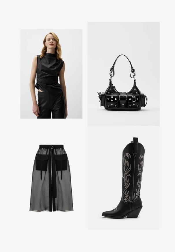 Black sleeveless top made of glossy material with a high collar, featuring draped fabric and a side slit, paired with matching black pants.; Black sheer skirt with a gathered waistband, featuring two large front pockets, a waist tie, and a circular metal accent.; Black leather cowboy boots with pointed toes, wedge heels, and silver embroidered floral patterns along the shaft. Contrast stitching throughout.; Black leather handbag with a curved design, featuring silver studs, a buckle, and two side pockets. Adjustable strap for carrying options.