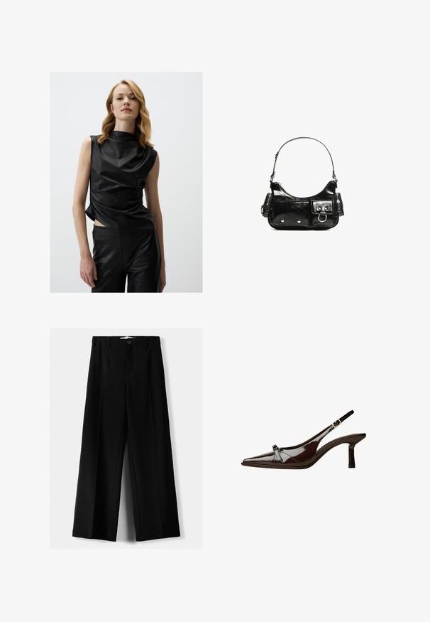 Schwarzes ärmelloses Top aus glänzendem Material mit hohem Kragen, ausgestattet mit drapiertem Stoff und einem seitlichen Schlitz, kombiniert mit passenden schwarzen Hosen.; Schwarze weite Hosen aus leichtem Stoff, mit einem Knopfverschluss vorne und flachem Bund, mit sorgfältig genähten Säumen.; Braune Lackleder-Slingback-Schuhe mit spitzem Zehenbereich, niedrigem Absatz und einer dekorativen Schleifenakzent an der Vorderseite. Glatte, glänzende Textur.; Schwarze Lackleder-Handtasche mit geschwungenem Design, einem Schulterriemen, Vordertaschen und silberfarbenen Hardware-Akzenten.