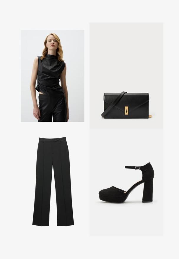 Schwarzes ärmelloses Top aus glänzendem Material mit hohem Kragen, ausgestattet mit drapiertem Stoff und einem seitlichen Schlitz, kombiniert mit passenden schwarzen Hosen.; Schwarze hochtaillierte weit geschnittene Hosen mit Gürtelschlaufen und einer vorderen Nahtdetails, auf einem weißen Hintergrund präsentiert.; Schwarze Wildleder-Plattformabsätze mit einem dicken Blockabsatz, runder Zehenpartie und einem Knöchelriemen, der mit einer Metallschnalle gesichert ist. Glatte Oberfläche über das gesamte Schuhwerk.; Schwarze Leder-Geldbörse mit Klappverschluss, goldfarbener Hardware und Logo-Akzent. Inklusive abnehmbarem Trageriemen.