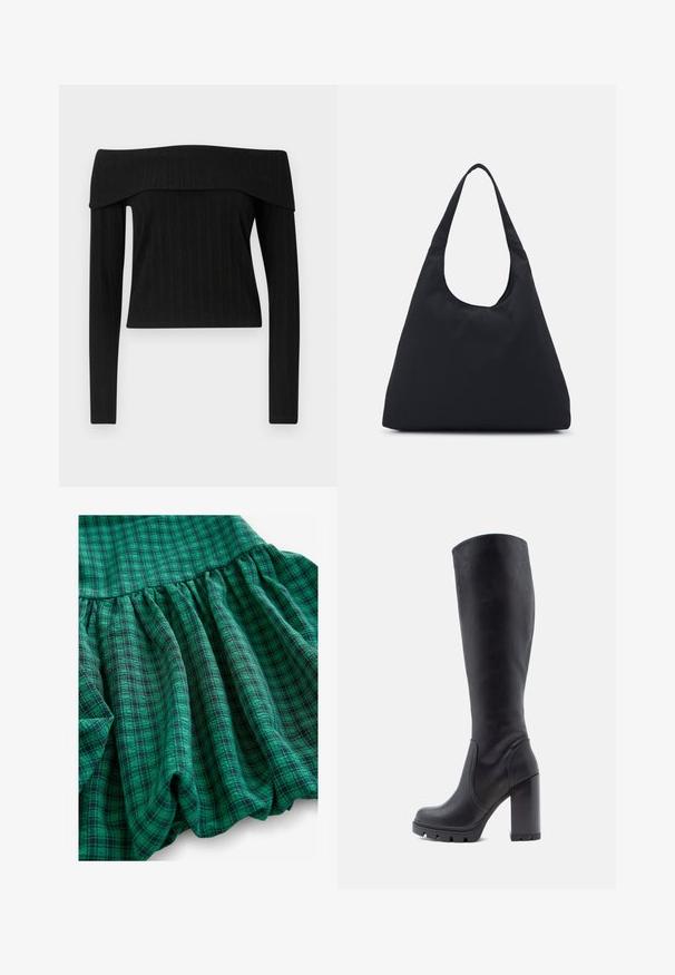 Juoda banguota palaidinė be petnešų su ilgomis rankovėmis. Ypatybės: struktūrinis iškirpimas ir prigludusi siluetas su tekstūruotu paviršiumi.; Žalias laukinis audinys su skirtingomis atspalviais, susipynusia tekstūra ir raukšlėtu kraštu. Medžiaga atrodo pralaidi orui ir lengva.; Juodi iki kelių auliniai batai, lygaus odos paviršiaus, masyvi pakulnė, apvali nosis, tekstūruota padas su sukibimu, elegantiškas dizainas be papuošimų.; Juodas audinio krepšys su plačiu peties diržu. Minkšta, pusiau struktūrizuota forma ir lygus paviršius; minimalus dizainas, be matomo įrangos.