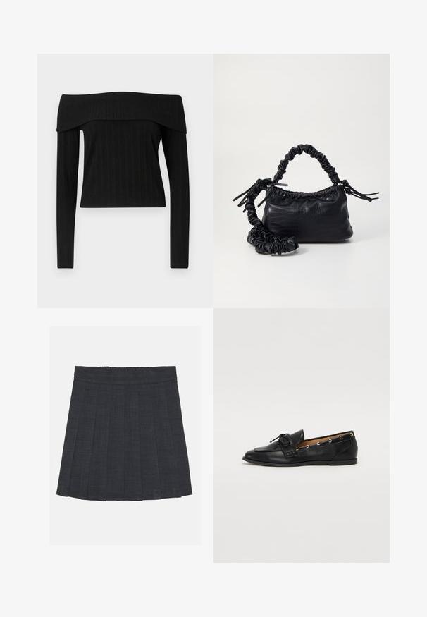 Fekete bordázott, vállon kívüli top hosszú ujjal. Strukturált dekoltázzsal és testhez simuló siluettel rendelkezik, melynek textúrája van.; Sötétszürke pliszírozott szoknya rugalmas derékkal, texturált anyagból, klasszikus A-vonalú sziluettel. Alkalmas mindennapi viseletre.; Fekete bőr lófarok cipők, megkötött masnival, arany szemcsés díszítéssel az oldalán és lapos gumitalppal. Simaság, klasszikus dizájn.; Fekete műbőr kézi táska krokodil bőr textúrával, összehúzható tetejű és gyűrt pánttal. Lágy és kompakt dizájnúnak tűnik.