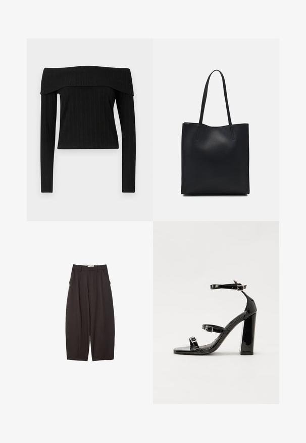 Čierny rebrovaný top s odhalenými ramenami a dlhými rukávmi. Obsahuje štruktúrovaný výstrih a priliehavý strih s textúrovaným povrchom.; Čierne široké nohavice vyrobené z hladkej tkaniny, s vysokým pásom, prednými skladmi a bočnými vreckami. Jednoduchý dizajn bez ozdôb.; Čierne lakované sandále na podpätku so štvorcovou špičkou, navlečenými remienkami okolo členku a striebornými prackami. Disponujú masívnym blokovým podpätkom pre stabilitu.; Čierna kožená taška na rameno s hladkým povrchom, obdĺžnikovým tvarom a dvoma dlhými uchami. Bez viditeľného kovania alebo ozdôb.