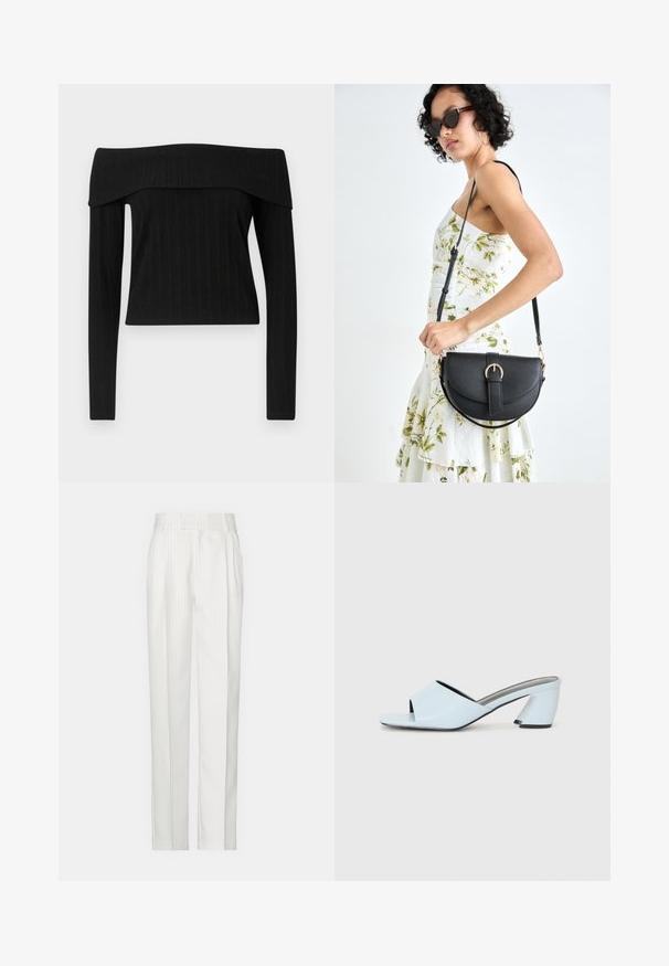 Melna ribota blūze bez pleciem ar garām piedurknēm. Iezīmē strukturētu dekoltē un pieguļošu siluetu ar teksturētu apdari.; Baltas svītrainas bikses ar taisnu kāju dizainu, izgatavotas no viegla auduma. Priekšpusē ir bārkstis un tradicionālā josta.; Gaiši zilas atvērtā purngala papēžu mūlas ar ģeometrisku dizainu, kas ietver platu siksnu pāri pēdai un masīvu, stūrainu papēdi.; Melnas ādas rokassoma ar izliekta formu, noņemamu siksnu un zelta aksesuāriem. Somai ir vāciņš ar sprādzes detaļu.