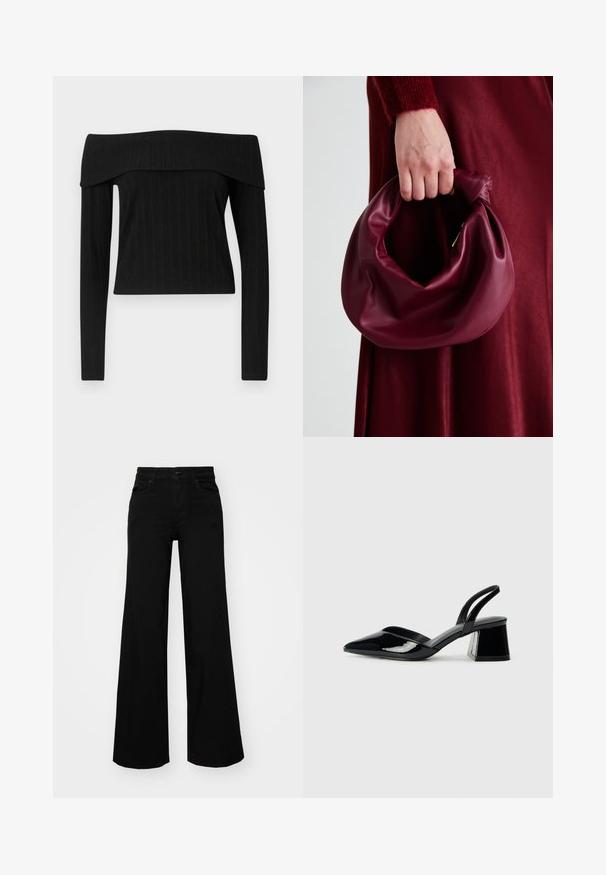 Čierny rebrovaný top s odhalenými ramenami a dlhými rukávmi. Obsahuje štruktúrovaný výstrih a priliehavý strih s textúrovaným povrchom.; Čierne široké nohavice z denimu s pevným pásom, pútkami na opasok a prednými vreckami. Hladká štruktúra s klasickým dizajnom.; Čierne lakované kožené sandálové podpätky s špicatou špičkou a geometrickým blokovým podpätkom. Disponujú elegantným, minimalistickým dizajnom a hladkým povrchom.; Burgundská kožená kabelka s mäkkým, zhromaždeným dizajnom a zaobleným tvarom. Rukoväť je pevne zaisťujúca a vystavuje hladkú textúru.