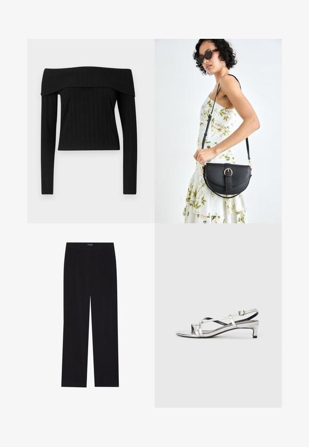 Melna ribota blūze bez pleciem ar garām piedurknēm. Iezīmē strukturētu dekoltē un pieguļošu siluetu ar teksturētu apdari.; Melni korduroja bikses ar taisnu piegriezumu, ar plakanu jostasvietu un bez redzamām kabatām, gluda tekstūra un vertikālas ribas detaļa.; Sudraba metāliska slēgta papēža sandale ar zemu papēdi, kurai ir krustveida siksnas un gluda virsma. Minimalistisks dizains.; Melnas ādas rokassoma ar izliekta formu, noņemamu siksnu un zelta aksesuāriem. Somai ir vāciņš ar sprādzes detaļu.