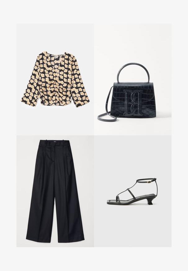 Czarna bluzka w kwiaty z długimi rękawami, z żółtymi kwiatami i marszczeniem z przodu. Lekka tkanina z luźnym krojem.; Czarne spodnie o szerokich nogawkach, wykonane z gładkiego materiału, z wysokim stanem, zakładkami i dopasowanym krojem. Proste czarne elementy metalowe w talii.; Czarne skórzane sandały z kwadratowym noskiem, cienkimi paskami, regulowanym paskiem przy kostce i niskim obcasem. Oferują mały złoty akcent na pasku.; Czarna torebka z tłoczonej skóry krokodyla o zorganizowanej konstrukcji, z górnym uchwytem, regulowanym paskiem i wyraźnym detalem z logo z przodu.