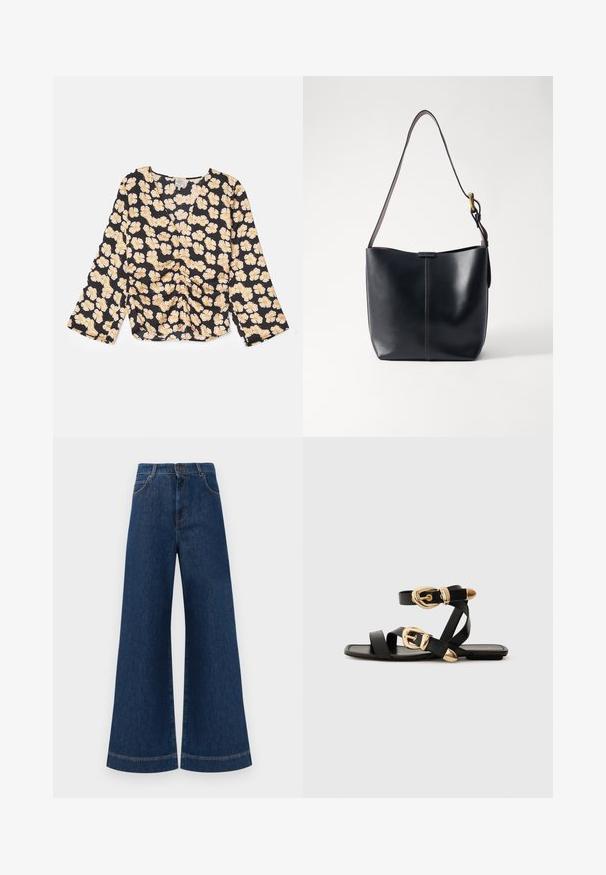 Mustat kukkakuosiset pitkät hihatoppi, jossa on keltaisia kukkia ja rypytys yksityiskohtana edessä. Kevyt kangas ja rento istuvuus.; Siniset farkut leveällä lahkeella ja korkealla vyötäröllä, jossa on nappikiinnitys, vyölenkit sekä huomaamattomat tikkaus yksityiskohdat taskuissa ja lahkeissa.; Mustat nahkakengät kultaisilla solkiyksityiskohdilla, joissa on useita hihnoja ja litteä pohjarakenteinen muotoilu avonaisille varpaille.; Musta nahkainen olkalaukku, jossa on sileä pinta, ohut ja pitkä hihna sekä hienovarainen ommeltu yksityiskohta keskellä.