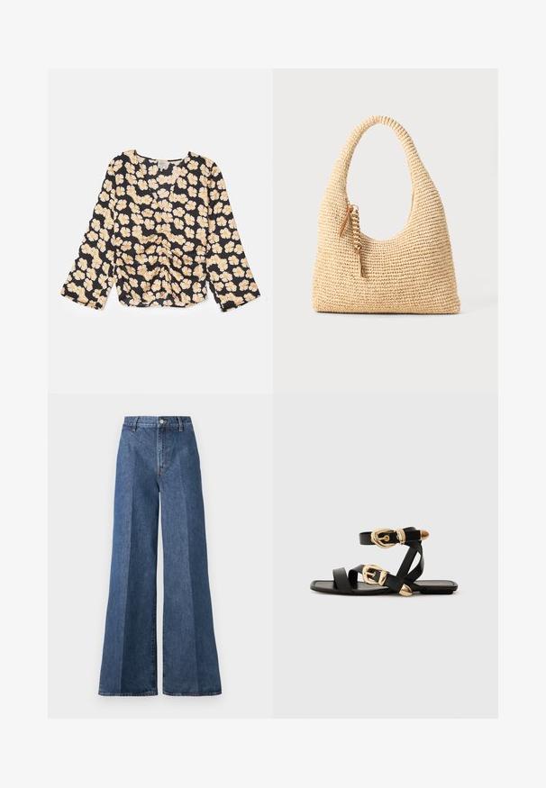 Top floreale nero con maniche lunghe, caratterizzato da fiori gialli e dettagli arricciati sul davanti. Tessuto leggero con una vestibilità comoda.; Jeans in denim blu a gamba larga con vita alta, caratterizzati da un classico stile a cinque tasche e chiusura con bottone, realizzati in tessuto di cotone testurizzato.; Sandali neri in pelle con dettagli in oro, caratterizzati da più cinghie e una suola piatta per un design open-toe.; Borsa a tracolla beige intrecciata con manico curvo, superficie testurizzata e dettaglio in frangia marrone. Presenta una forma morbida e hobo.