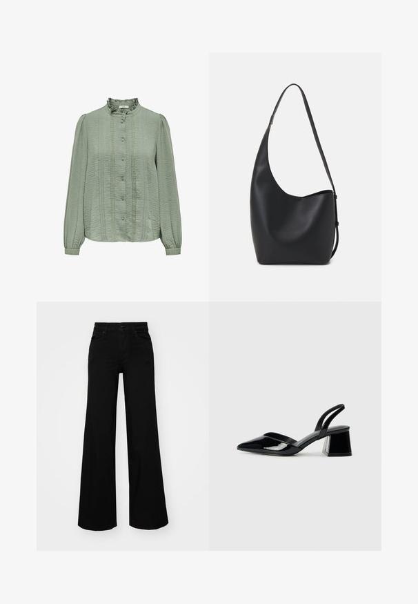 Light green blouse with long sleeves, textured fabric, pleated front, ruffled collar, and decorative buttons along the center.; Black wide-leg pants made of denim, featuring a structured waistband, belt loops, and front pockets. Smooth texture with a classic design.; Black patent leather slingback heels with a pointed toe and a geometric block heel. Features a sleek, minimal design and smooth texture.; Black leather hobo bag with a smooth texture, curved shape, and single adjustable strap; features a wide opening at the top.