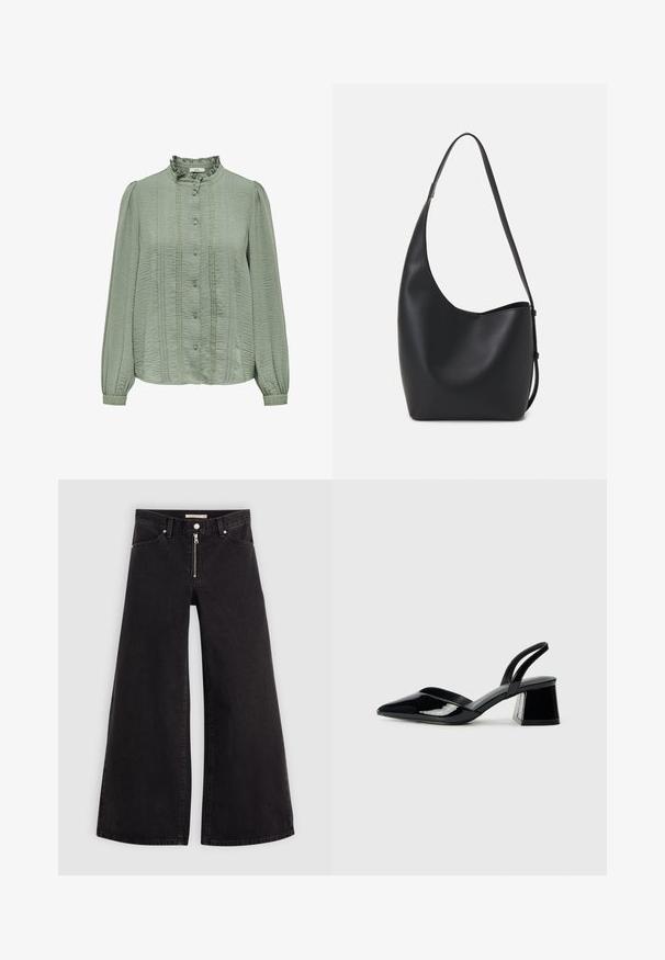 Blusa verde claro con mangas largas, tejido texturizado, frente plisado, cuello con volantes y botones decorativos a lo largo del centro.; Jeans de pierna ancha en denim negro con cierre frontal, diseño de cinco bolsillos y detalles de costura sutiles. Textura suave y estilo casual.; Zapatos de tacón slingback de charol negro con punta afilada y tacón geométrico en bloque. Presentan un diseño elegante y minimalista, así como una textura suave.; Bolso tipo hobo de cuero negro con una textura suave, forma curvada y una sola correa ajustable; presenta una amplia apertura en la parte superior.