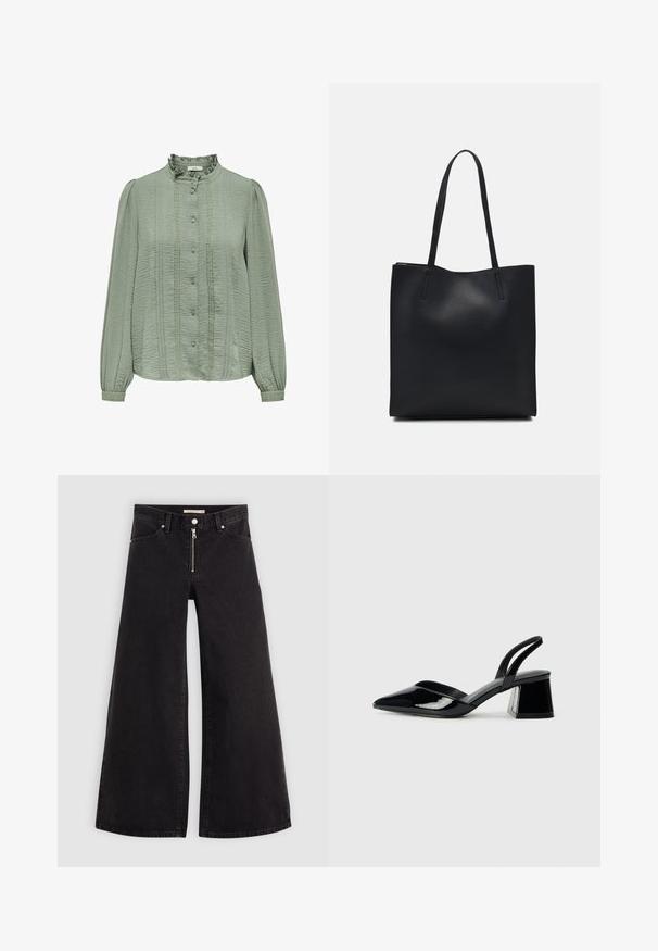 Bluză verde deschis cu mâneci lungi, țesătură texturată, față plisată, guler cu volane și butoane decorative pe centru.; Jeans cu picioare largi din denim negru, cu fermoar în față, design cu cinci buzunare și detalii subtile de cusătură. Textură netedă și stil casual.; Pantofi cu toc slingback din piele lacuită neagră, cu vârf ascuțit și toc geometric. Prezintă un design elegant, minimalist și o textură netedă.; Geantă tote neagră din piele, cu textură netedă, formă rectangulară și două mânere lungi. Fără hardware vizibil sau ornamente.