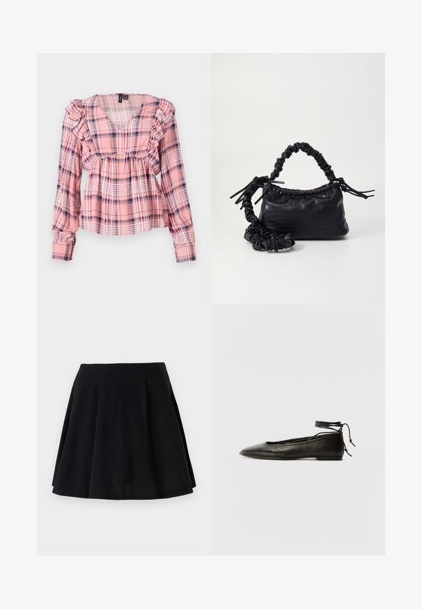 Ružová károvaná košeľa s dlhým rukávom, výstrihom do V, nariasenými ramenami a elastickým pásom. Obsahuje biele a námornícke akcenty v vzore.; Čierna bavlnená sukňa s rozšíreným strihom, s pliecoch v oblasti pásu a hladkou textúrou. Vhodná na každodenné nosenie.; Čierne kožené baletky s špicatou špičkou, viazaním okolo členka a plochou podrážkou, s hladkou textúrou a minimalistickým dizajnom.; Čierna umelá kožená kabelka s kroko vzorom, sťahovaným vrchom a zhnutým popruhom. Vyzerá mäkko a kompaktné v dizajne.