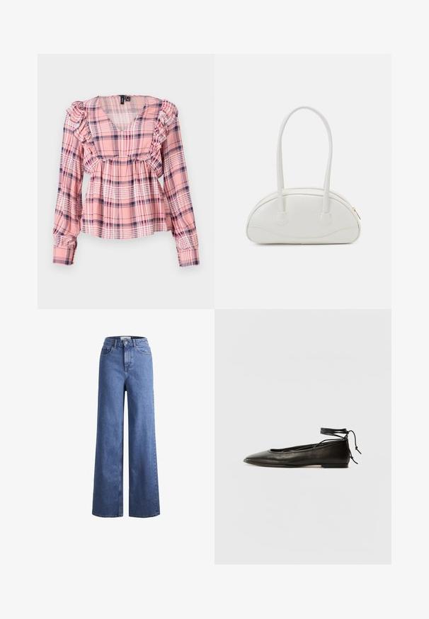Rosa rutete langermet skjorte med V-hals, volanger på skuldrene og elastisk midje. Har hvite og marineblå aksenter i mønsteret.; Lyseblå denim vide benbukser med høy midje, to frontlommer og synlig søm. Har knapp- og glidelås-lukking.; Svarte lær balletflater med spiss tå, ankelbånd og flat såle, som har en glatt tekstur og minimalistisk design.; Even&Odd Håndveske - off-white