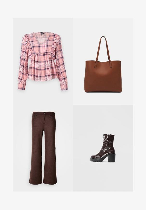 Camisa de cuadros rosa de manga larga con escote en V, hombros con volantes y cintura elástica. Presenta acentos en blanco y azul marino en el diseño.; Pantalones de campana marrones en un tejido suave y parecido al ante. Presentan cuatro bolsillos, un cierre de botón y una superficie lisa y texturizada.; Botín burdeos brillante hasta el tobillo con un tacón negro grueso, que presenta una textura suave y un diseño sencillo. Sin cierres ni patrones visibles.; Bolso tote de cuero marrón con una textura suave, diseño de apertura superior y dos correas para el hombro. Presenta una costura mínima y sin herrajes visibles.