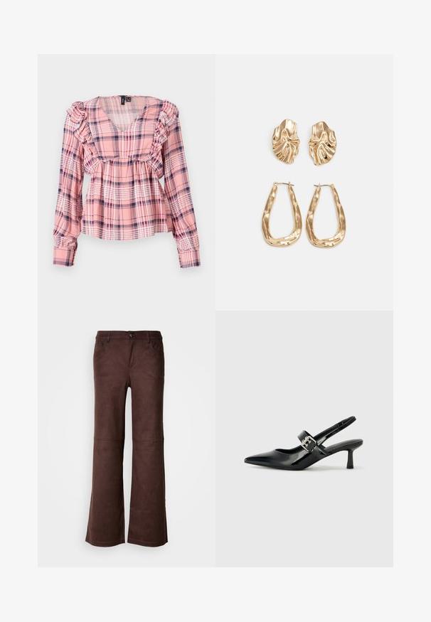 Rozā šķērsām svītrains krekls ar garām piedurknēm, V veida kakla izgriezumu, viļņainām plecu daļām un elastīgu jostasvietu. Rakstā ir balta un tumši zila akcenti.; Brūnas platās bikses no mīksta, zamšveida auduma. Tās ir aprīkotas ar četrām kabatām, pogām un gludu, teksturētu virsmu.; Melnas lakotas ādas sūkņa kurpes ar norādītu purngali un mazu bloku papēdi, ar sudraba sprādzi akcentā uz jostas.; Zelta krāsas auskari ar teksturētām, viļņotām formām. Iekļauts skulpturāls piespraužams modelis un atvērta gredzenveida konstrukcija ar izsistām virsmām.