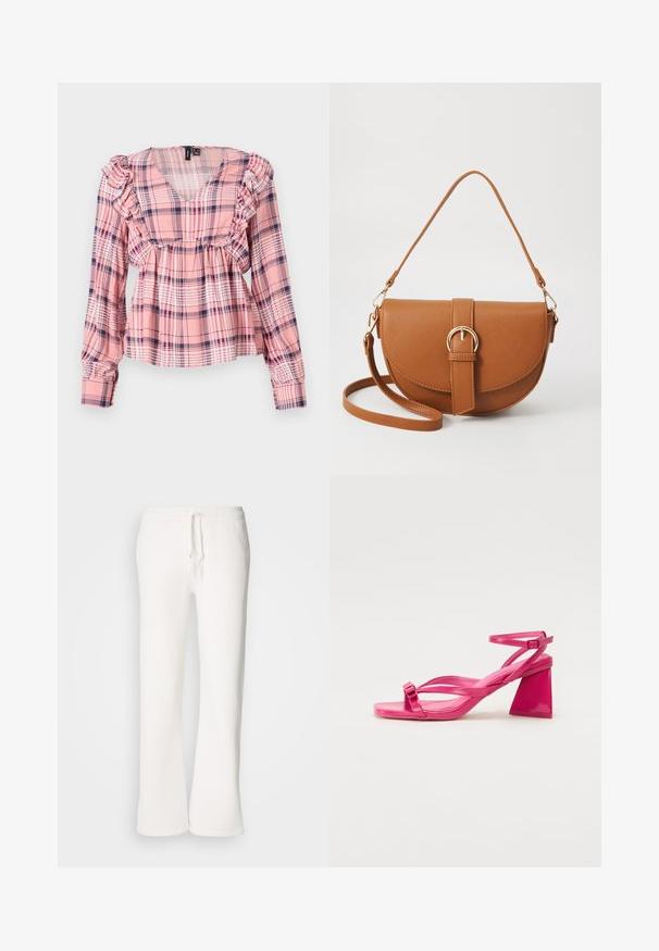 Roosa ruuduline pika varrukaga särk V-dekoltee, volangidega õlgadel ja elastse vöökohtaga. Mustril on valged ja tumesinised aktsendid.; Valged, mugavad spordipüksid, mis on valmistatud pehmest kangast, elastse talje ja nööridega, sirgete jalgadega disainiga.; Roosa lakknahkiga kantavad sandaalid, millel on ruudukujuline varvas, kitsad rihmad ja geomeetriline plokk-kand. Rihmal on pandla detail.; Pruun nahast õlakott, millel on kumer kuju, kullavärvi riistvara ja pandlaga kaunistus. Omab eemaldatavat õlarihma.