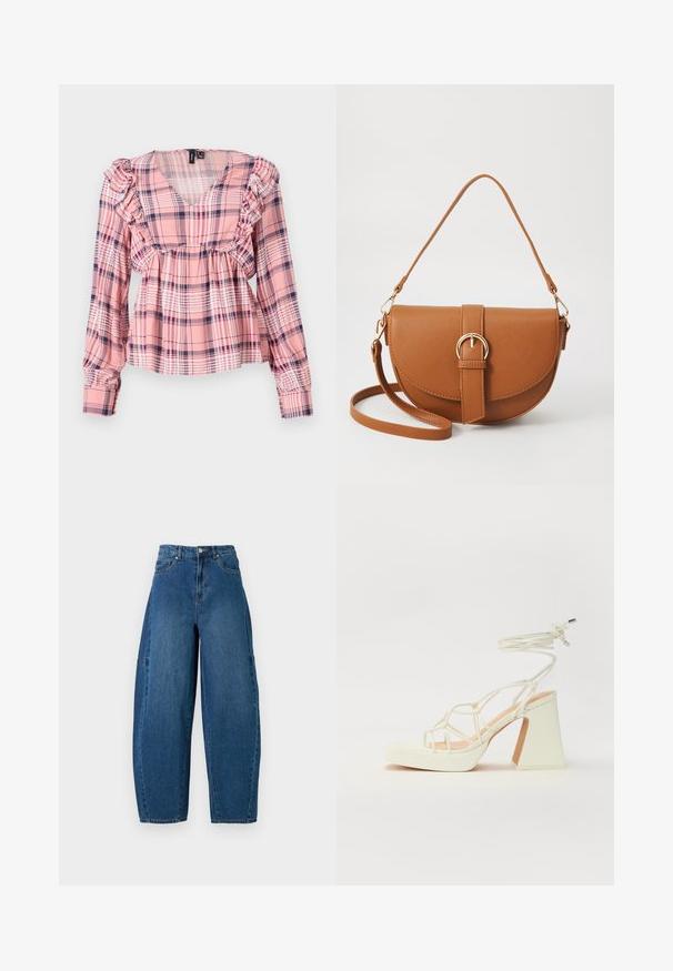 Roza karo srajni z dolgimi rokavi z V-izrezom, nabrano ramo in elastičnim pasom. Ima bele in mornarsko modre akcentne barve v vzorcu.; Jeans iz denima v srednjem modrem pranju, z visokim pasom, širokim krojem nogavic in standardnim pet-imenskim dizajnom s vidnimi šivi.; Bela sandala na visokih petah s debelim petam, ki ima obliko trakcev in vezanje okoli gležnja. Gladka tekstura z platformo spredaj za dodatno višino.; Rjava usnjena torbica prek telesa s ukrivljeno obliko, zlate opreme in sponko. Ima odstranljiv naramni trak.