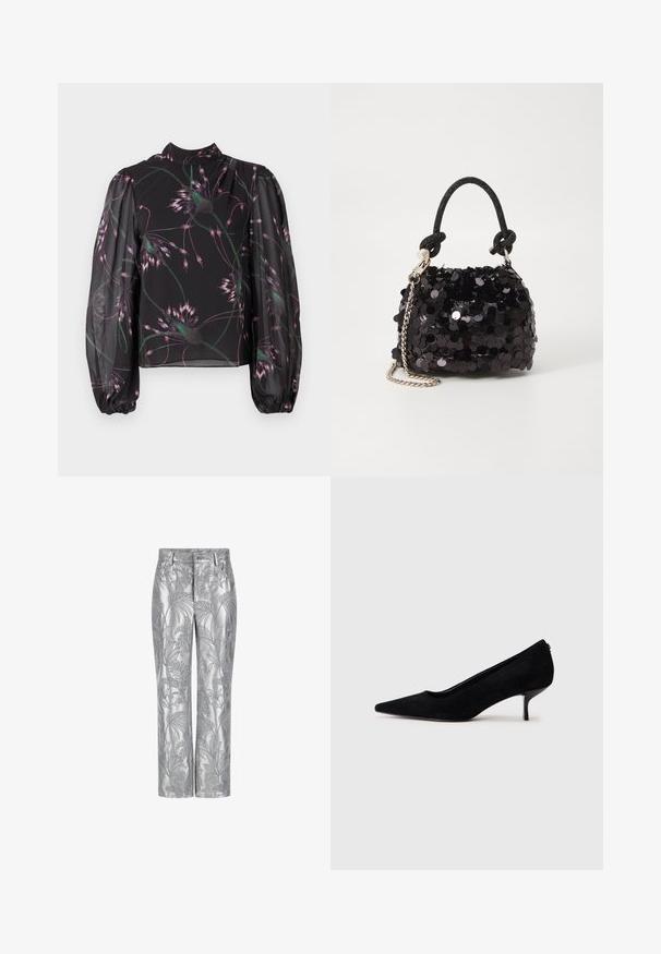 Juodas bluzonas su ilgomis, suglebusiomis rankovėmis. Yra gėlių raštas rožinės ir žalios spalvų atspalviuose ant permatomos medžiagos. Aukšta apykaklė.; Sidabriniai siuvinėti kelnių, turintys lapų raštą, tiesaus kirpimo dizainą ir sklandžią, blizgią tekstūrą. Funkcionalios kišenės ir sagos uždarymas.; Juodas zomšinis aukštakulnis batus su smailiu kojų pirštu ir plonu, žemu kulnu. Lygi tekstūra su elegantišku dizainu, be matomų metalinių detalių.; Juodas blizgučių mini rankinukas su mazguotu tekstūruotu dirželiu ir sidabro grandine. Suapvalinta forma su susiraukšlėtopu ir atspindinčiomis detalėmis.