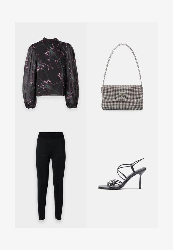 Blusa nera con maniche lunghe a sbuffo. Presenta un motivo floreale in tonalità di rosa e verde su un tessuto trasparente. Collo alto.; Leggings neri con cintura a coste, realizzati in tessuto testurizzato con una leggera finitura metallica, dotati di cerniere sui bordi delle caviglie.; Sandali neri con tacco alto presentano sottili cinturini con design annodato, una punta quadrata liscia e un elegante tacco a spillo.; Borsa a mano metallica grigia chiara con tracolla a catena, impreziosita da piccoli chiodi metallici circolari e da un logo triangolare del marchio.; Orecchini a cerchio in argento con una finitura liscia e lucente. Forma arrotondata, design leggero, con chiusura a perno.