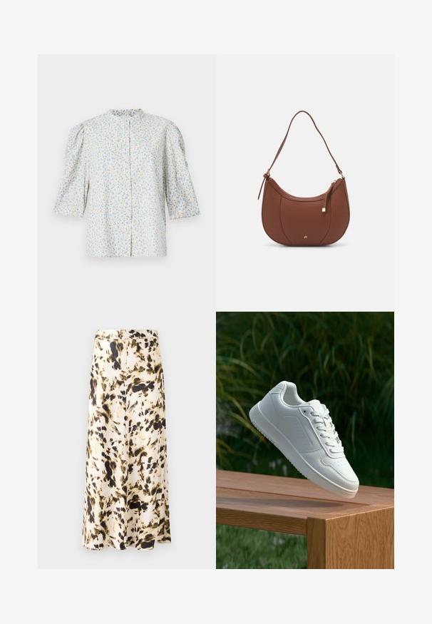 Camicia a bottoni floreale con maniche a palloncino, motivo di fiori in blu chiaro e beige su sfondo bianco, collo rotondo e trama morbida.; Una gonna al ginocchio in un tessuto leggero con un motivo astratto beige, marrone e verde. Presenta una vita aderente e un design fluido.; Sneaker bianco con tomaia in sintetico liscio, punta perforata, lacci piatti e suola testurizzata, esposto su una superficie di legno.; Borsa a spalla in finta pelle marrone con forma curvata, cuciture minime e un accento in metallo dorato. Presenta una chiusura con zip superiore e una tracolla regolabile.