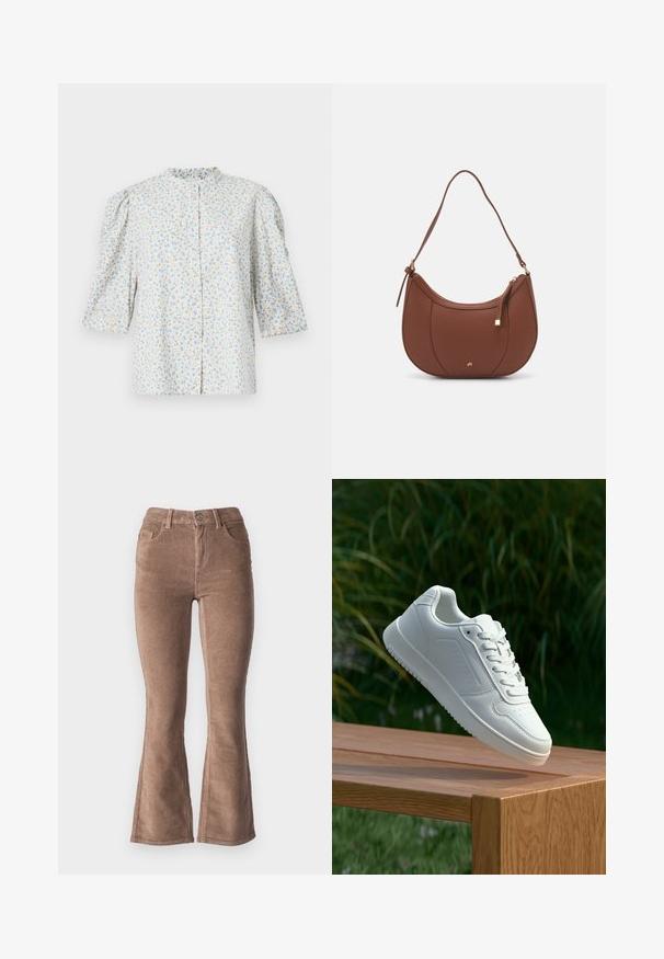 Camicia a bottoni floreale con maniche a palloncino, motivo di fiori in blu chiaro e beige su sfondo bianco, collo rotondo e trama morbida.; Pantaloni a zampa d'elefante in corduroy marrone con una texture a coste, dotati di vita alta, cinque tasche e chiusura con bottone frontale.; Sneaker bianco con tomaia in sintetico liscio, punta perforata, lacci piatti e suola testurizzata, esposto su una superficie di legno.; Borsa a spalla in finta pelle marrone con forma curvata, cuciture minime e un accento in metallo dorato. Presenta una chiusura con zip superiore e una tracolla regolabile.