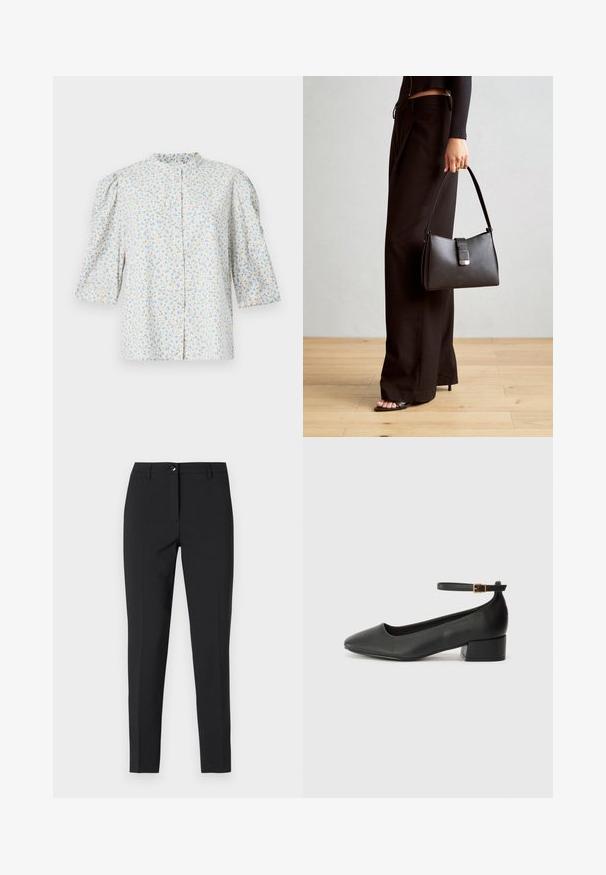 Floral button-up shirt featuring puffed sleeves, light blue and beige flower pattern on a white background, round collar, and soft fabric texture.; Black fitted trousers in smooth fabric, featuring a classic waistband, front zipper, and side pockets with a sleek, tailored design.; Black leather pump with a pointed toe and a low block heel. Features an ankle strap with a gold-tone buckle. Smooth texture.; Black handbag with structured shape, smooth texture, and a metallic clasp. Paired with wide black pants and open-toe sandals on wooden floor.