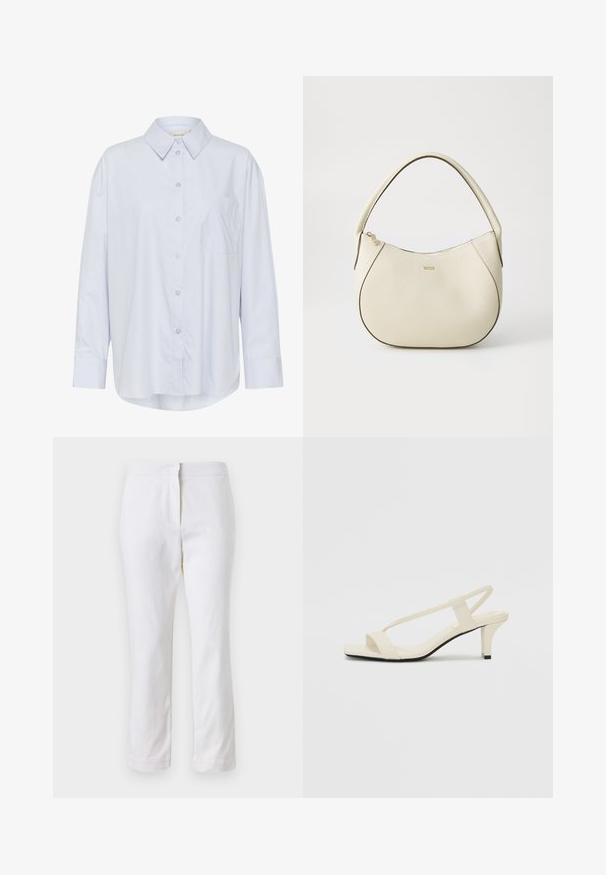 Light blue button-up shirt made of smooth fabric, featuring a classic collar, long sleeves, front pocket, and rounded hem.; White cotton pants with a straight leg design, featuring a mid-rise waist and no visible hardware or patterns. Smooth texture throughout.; Beige block-heeled sandals with thin straps and a square toe. Smooth material with minimal detailing, designed for easy wear.; Cream-colored handbag with a textured finish, curved shape, short handle, and gold-tone logo detail. Zipper closure at the top.