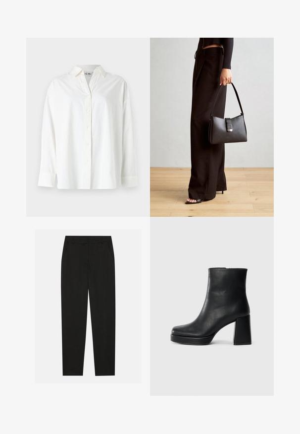 Camisa blanca de botones hecha de algodón. Presenta un cuello con solapa, mangas largas y un corte relajado. Textura suave sin patrones visibles.; Pantalones negros con un diseño ajustado, que cuentan con bolsillos laterales y pierna recta. Fabricados con una tela suave y liviana con un acabado elegante.; Botín de cuero negro con tacón cuadrado y suela de plataforma, visto de lado sobre un fondo blanco liso.; Bolso negro con forma estructurada, textura suave y un cierre metálico. Combinado con pantalones anchos negros y sandalias de dedo en un suelo de madera.