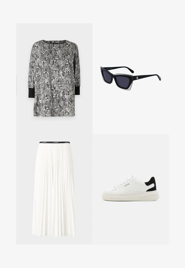 Bluzka z długim rękawem z czarno-białym wzorem w węża, okrągłym dekoltem i czarnymi mankietami. Wykonana z miękkiego, lekkiego materiału.; Plisowana biała spódnica z czarnym elastycznym pasem z logo "LACOSTE". Średniej długości, o miękkiej teksturze.; Białe skórzane sneakersy z grubą białą podeszwą, czarnym zamszowym akcentem na pięcie oraz wytłoczonym logotypem z boku. Projekt z sznurówkami i sześcioma dziurkami.; Czarne, oversize okulary przeciwsłoneczne o geometrycznym kształcie, z ciemnymi soczewkami i kontrastującym szarym detalem na oprawie. Logo na ramieniu.