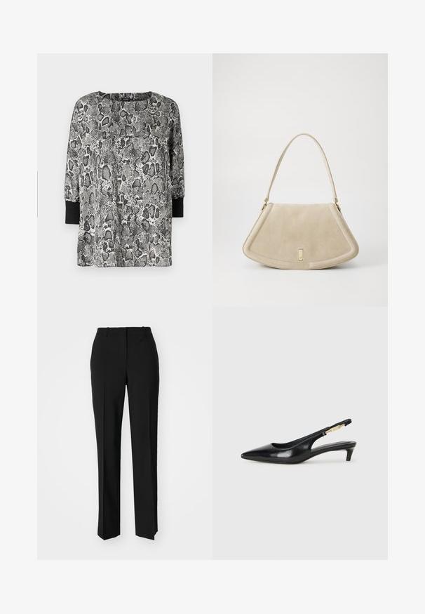 Langærmet bluse med et sort-hvidt slangeprintdesign, rund halsudskæring og sorte manchetter. Lavet af blødt, letvægtsstof.; Sorte skræddersyede bukser med lige ben-design, der har en glat tekstur og skarpe folder langs fronten. Ingen synlige hardware.; Sorte læder slingback hæle med spids tå, der har en slank hæl og en guldfarvet detalje på den justerbare rem. Glat tekstur.; Beige ruskinds håndtaske med en rund triangelform, en enkelt strop og en guldfarvet hardwaredetalje på fronten.