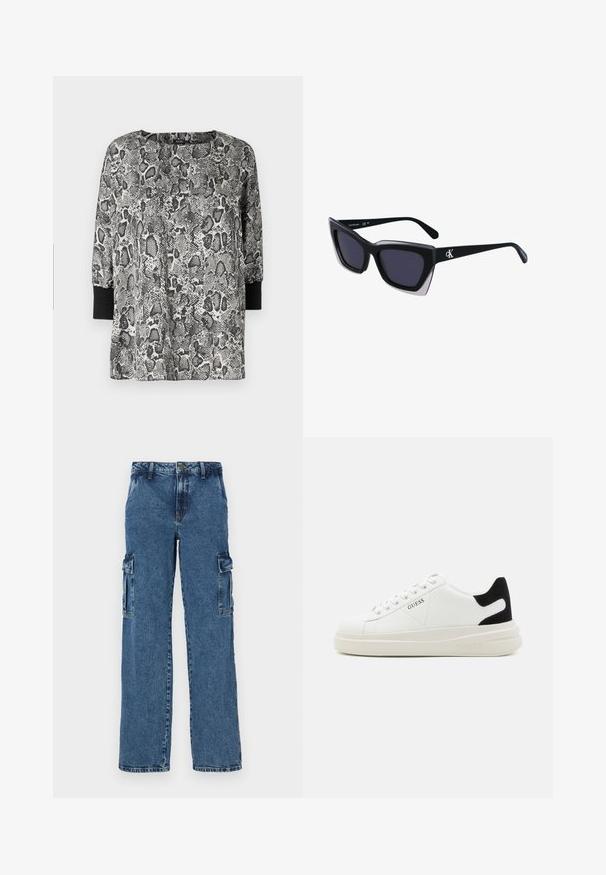 Dlhý rukáv top s čierno-bielym hadím vzorom, okrúhlym výstrihom a čiernymi manžetami. Vyrobený z mäkkého, ľahkého materiálu.; Modré denimové cargo nohavice s voľným strihom, ktoré majú dve bočné vrecká, zosilnené švy a rovný strih nohavíc.; Biele kožené tenisky s hrubou bielou podrážkou, čiernym zamekom na päte a vyrazeným logom na boku. Šnurovací dizajn so šiestimi očkami.; Čierne oversized slnečné okuliare s geometrickým tvarom, s tmavými šošovkami a kontrastným šedým detailom na ráme. Logo na mostíku.