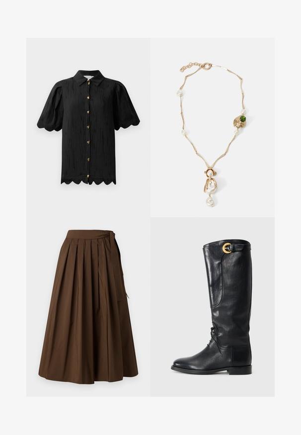 Hofmann Copenhagen MARABELLE - Blus - black; Brun plisserad kjol i ett tyg med slät yta, med hög midja och sidoknytning som stängning.; Svarta läderknästövlar med rund tå, snörning framtill, sidodetalj och en gyllen accentspänne upptill. Slät textur.; Guldtonad halsband med vridna länkar, vita pärlor och en grön stens accent. Har intrikata detaljer och en lås för stängning.