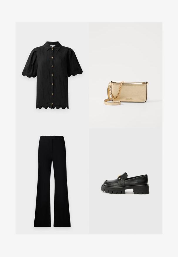 Hofmann Copenhagen MARABELLE - Bluza s gumbima - black; Crne široke hlače s glatkom teksturom, krojenim pojasom i prednjim džepovima, dizajnirane s elegantnim, modernim siluetom.; Crne kožne loafersice s debelim potplatom, s zlatnim akcentom sprijeda i glatkim završetkom. Debeli uzorak na potplatu.; Metalna zlatna kožna torbica s teksturiranom površinom, opremljena zlatnim lancem i uklonjivom naramenicom. Utisnuti logotip branda.