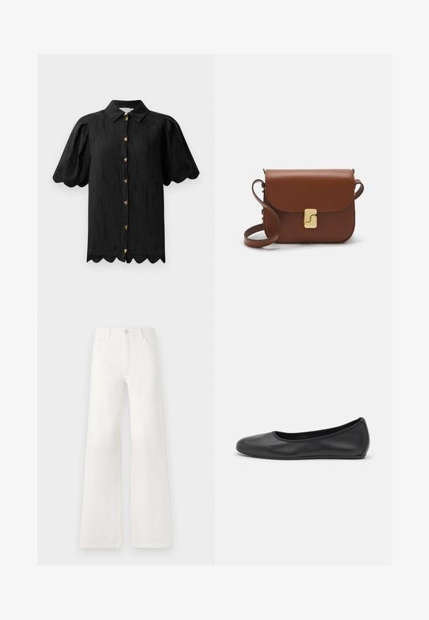 Hofmann Copenhagen MARABELLE - Blúzka so zapínaním na gombíky - black; Biele, vysoko pásové široké nohavice vyrobené z denimu. Obsahujú gombíkovú zatváranie, dve predné vrecká a bočné švy s detailmi šitia.; Čierne kožené baleríny s okrúhlou špičkou, hladkým povrchom, minimálnym prešívaním a flexibilným dizajnom podrážky.; Hnedá kožená kabelka s klopou, zlatými kovovými prvkami, ramenným popruhom a hladkým povrchom. Kompaktný obdĺžnikový tvar.