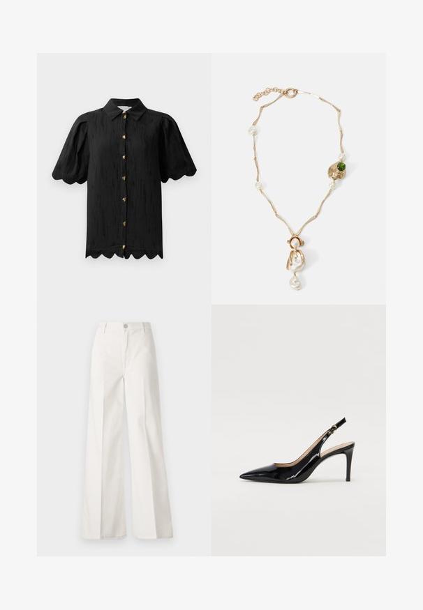 Hofmann Copenhagen MARABELLE - Užsagstoma palaidinė - black; Balti platūs baltos spalvos keliai, pagaminti iš medvilnės su lygiu paviršiumi. Yra priekinis mygtukas, užtrauktukas ir keturi kišenės.; Juodas lakinės odos slingback batelis su smailiu nosiu, plonu kulnu ir subtiliu išpjovos dizainu. Yra auksinė sagtis ant dirželio.; Auksinės spalvos apyrankė su susuktomis grandinėmis, baltais perlais ir žaliuoju akmeniu. Pasižymi sudėtingais detalėmis ir užsegimu.