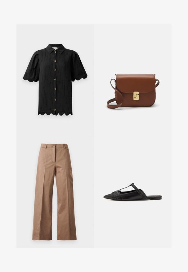 Hofmann Copenhagen MARABELLE - Paitapusero - black; Ruske leve-legged hlače iz gladkega materiala, z sprednjim gumbom, dvema sprednjima žepoma in čistimi, krojenimi linijami.; Musta nahkasandaali, jossa on terävä kärki, somistettuna kudotulla yksityiskohdalla ja pleatatuilla yläosilla. Litteä pohja, jossa on vähäisiä tarvikkeita.; Ruskea nahkainen käsilaukku, jossa on läppäkiinnitys, kultasävyiset yksityiskohdat, olkahihna ja sileä pinta. Kompaktin suorakaiteen muotoinen.