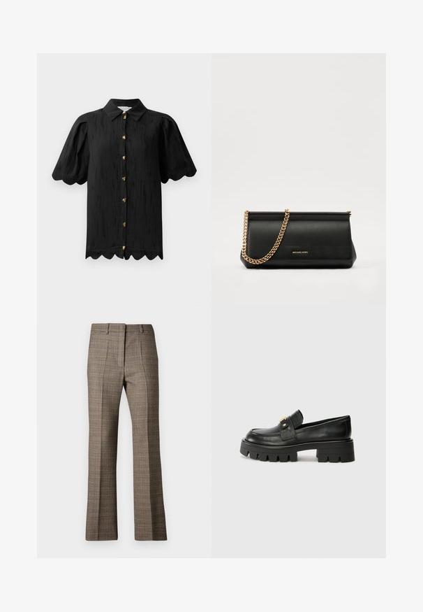 Hofmann Copenhagen MARABELLE - Button-down blouse - black; Brown plaid trousers with a straight leg cut, featuring a textured fabric and subtle colors of beige and darker browns throughout the pattern.; Black leather loafers with a chunky sole, featuring a gold-tone accent on the front and a smooth finish. Chunky tread design on the sole.; Black leather clutch bag with a gold chain strap, featuring a smooth texture, rectangular shape, and embossed branding on the front.