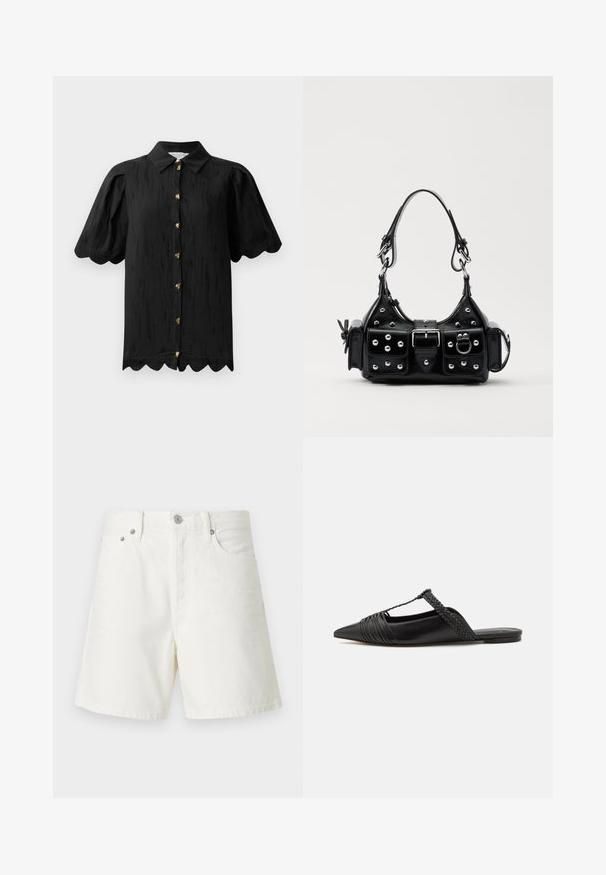 Hofmann Copenhagen MARABELLE - Button-down blouse - black; White denim shorts with a straight cut, five-pocket design, front button closure, silver hardware, and stitched detailing.; Black leather slingback shoe with a pointed toe, featuring a woven accent and pleated upper design. Flat sole with minimal hardware.; Black leather handbag with a curved design, featuring silver studs, a buckle, and two side pockets. Adjustable strap for carrying options.