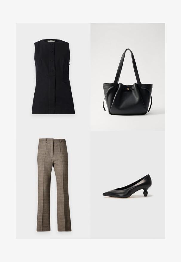 Faithfull the brand JENNEIU  - Top - black; Pantalones a cuadros marrones con corte recto, que presentan una tela texturizada y colores sutiles de beige y marrones oscuros a lo largo del patrón.; Zapato de tacón alto de cuero negro con puntera afilada y un tacón redondeado y abombado. Textura suave con un diseño elegante y minimalista.; Bolsa tote de cuero negro con dos asas largas, parte superior fruncida y un acento circular dorado. Textura suave con un diseño minimalista.