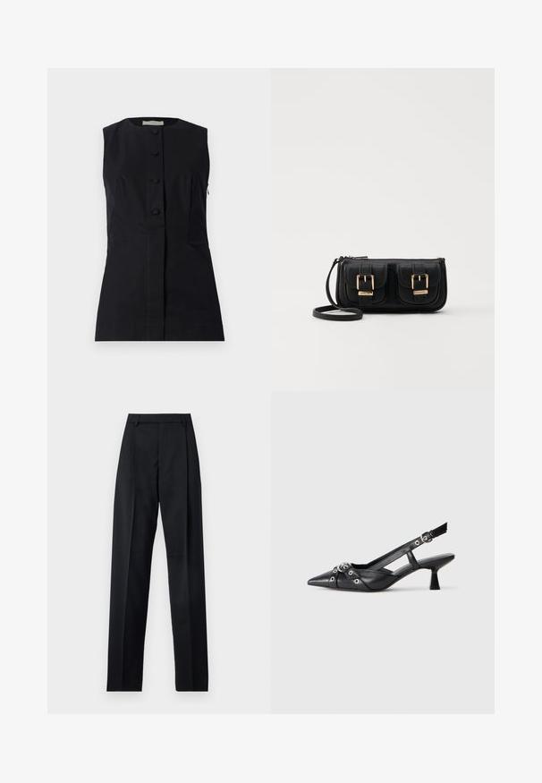 Faithfull the brand JENNEIU - Top - black; Pantaloni neri realizzati in tessuto morbido, caratterizzati da vita alta, gambe larghe, pince frontali e classiche passanti per cintura. Non ci sono tasche laterali visibili.; Scarpa slingback nera in pelle con punta affusolata, cinturini decorativi con occhielli metallici e tacco basso a blocco. Superficie testurizzata.; Borsa a tracolla nera in pelle con due tasche frontali, fibbie dorate, chiusura con zip e una tracolla sottile. Superficie texturizzata e forma rettangolare compatta.