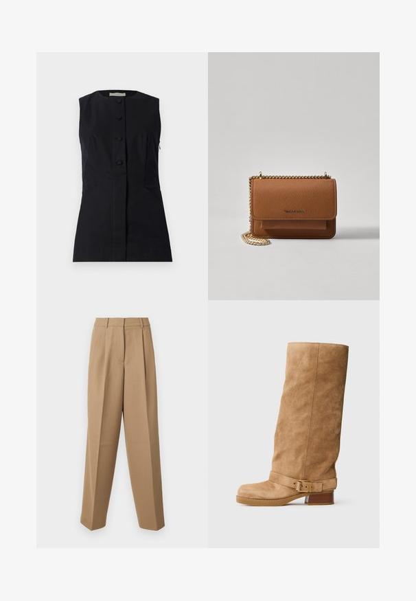 Faithfull the brand JENNEIU - Viršus - black; Bežinės pritaikytos kelnės su aukštu liemeniu, raukšlėtu priekiu ir plačiomis kojomis. Audinys atrodo lygus, su nedideliu blizgesiu.; Šviesiai rudos zomšinės pusilgis botas su žemu supresuotu kulnu, apvaliu nosiu ir reguliuojama juosta su auksine sagtimi aplink čiurną.; Ruda tekstūruota odinė per petį nešama rankinė su auksiniu grandininiu dirželiu ir užlenkiamo užsegimo. Priekinėje pusėje yra logotipo detalė ir kišenė po užlenkimu.