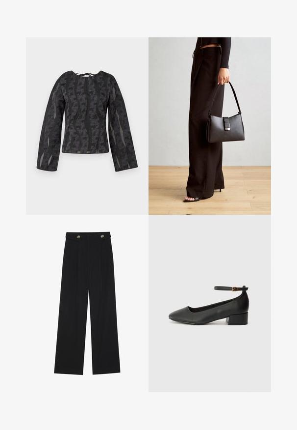 Crni dugi rukav majica s teksturiranim uzorkom valovitih linija, okruglim izrezom i mašnom na leđima.; Crne hlače širokih nogavica s visokim strukom, s dugmadi na pojasu i prednjim nabora.; Crne kožne pumpe s oštrim vrhom i niskom blok petom. Sadrže remen oko gležnja s zlatnim kopčanjem. Glatka tekstura.; Crna torba s oblikom koji sadrži strukturu, glađu teksturu i metalnu kopču. Uparena s širokim crnim hlačama i sandalama na otvorenom s drvenog poda.