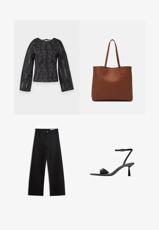Zwarte langemouwtop met een textuurpatroon van golvende lijnen, een ronde halslijn en een strikdetail aan de achterkant.; Zwarte denim broek met wijde pijpen en een hoge taille, voorzien van voor- en achterzakken, gestikte naden en een knoopsluiting. Gladde textuur.; Bershka Sandalen met hoge hak - black; Bruine leren tote bag met een gladde textuur, een ontwerp met een open bovenkant en twee schouderbanden. Kenmerkt zich door minimale stiksels en geen zichtbare hardware.