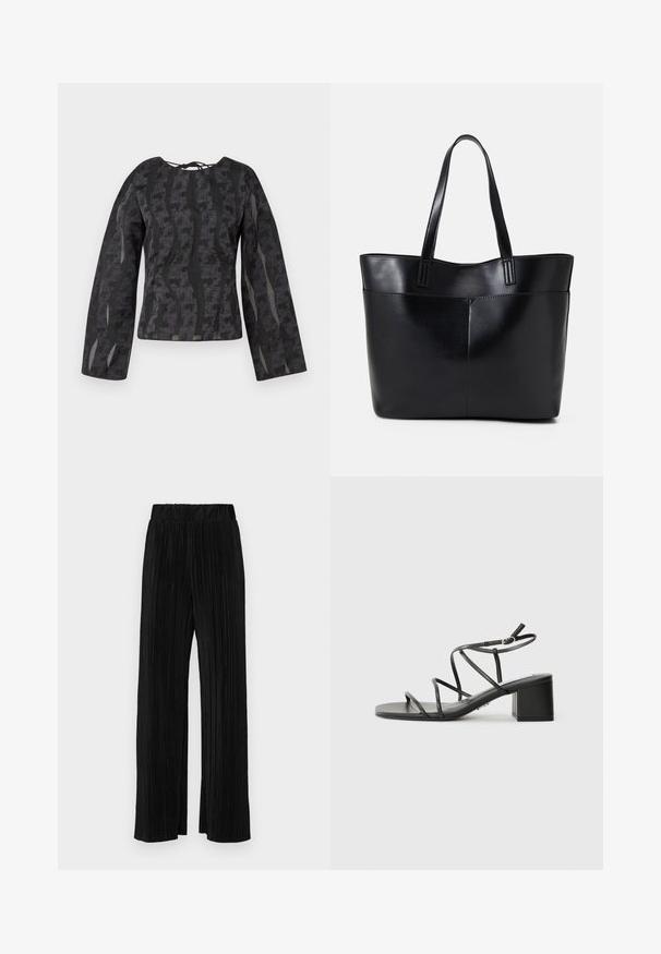 Czarny długi rękaw top z teksturowanym wzorem z falistymi liniami, okrągłym dekoltem i wiązaniem z tyłu.; Czarne spodnie plisowane z elastycznym paskiem w talii. Posiadają szerokie nogawki oraz gładki, teksturowany materiał z pionowymi paskami.; Czarne sandały na obcasie z kwadratowym noskiem, wykonane z gładkiego materiału. Mają regulowane paski na kostce oraz minimalne elementy ozdobne.; Czarna skórzana torba na ramię z dwoma długimi uchwytami, gładką teksturą i sztywną formą. Posiada przednią kieszeń dla dodatkowego przechowywania.