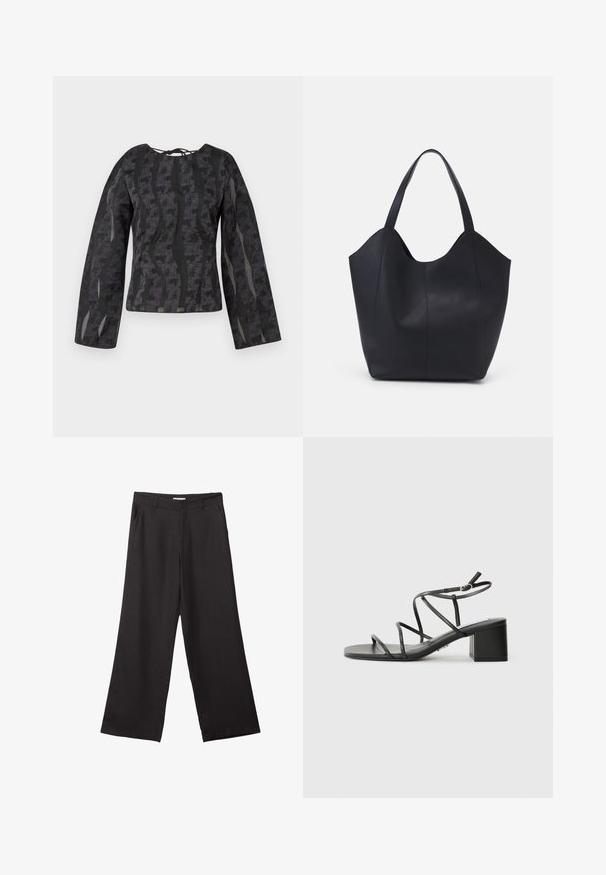 Črn dolg rokav majica z teksturo, ki vključuje valovite linije, okroglo ovratnico in detajl z vezanjem na hrbtni strani.; Črne široke hlače iz gladkega materiala, z sprednjim zadrgo in dvema stranskima žepoma, s prilagojenim krojem in minimalističnim dizajnom.; Črne strapne sandale s kvadratnim nosom in debelim petnim delom, izdelane iz gladkega materiala. Imajo nastavljive gležnjeve in minimalno kovinsko opremo.; Črna torba v obliki tote iz gladke usnjene površine, ki ima ukrivljen odprt vrh z dvema naramnicama in minimalističnim dizajnom.